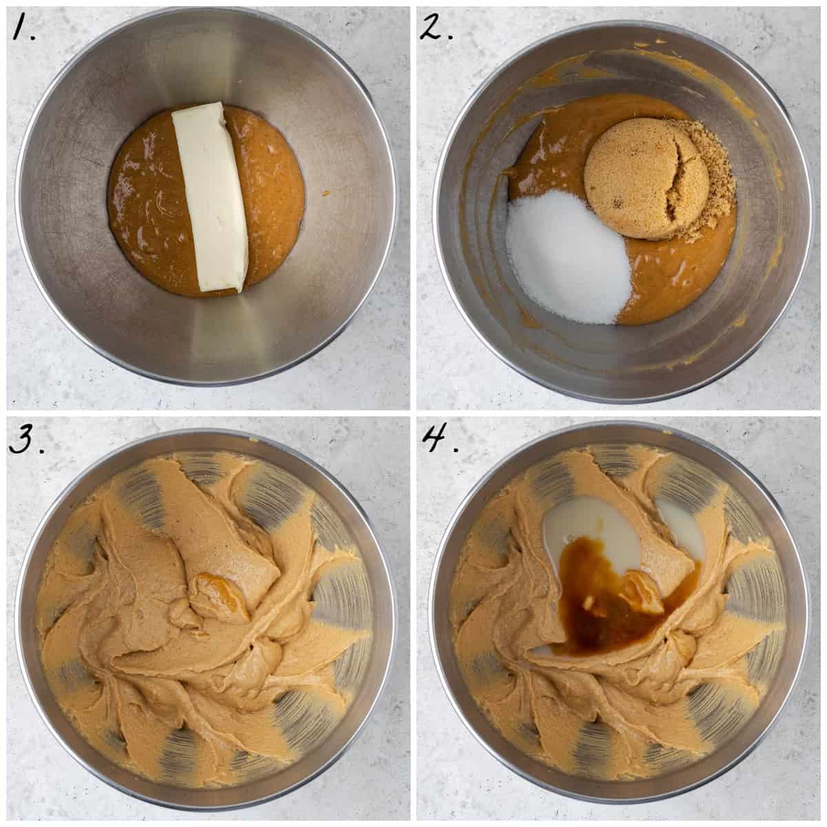 Four process photos showing how to make the cookie dough in a stand mixer bowl.