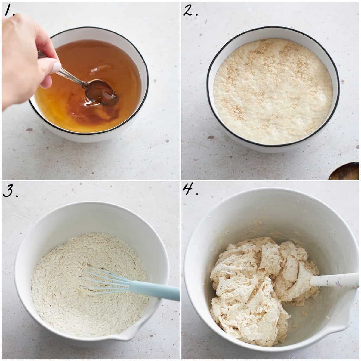 four process photos showing how to activate the yeast then combine the wet ingredients into the dry forming a dough.