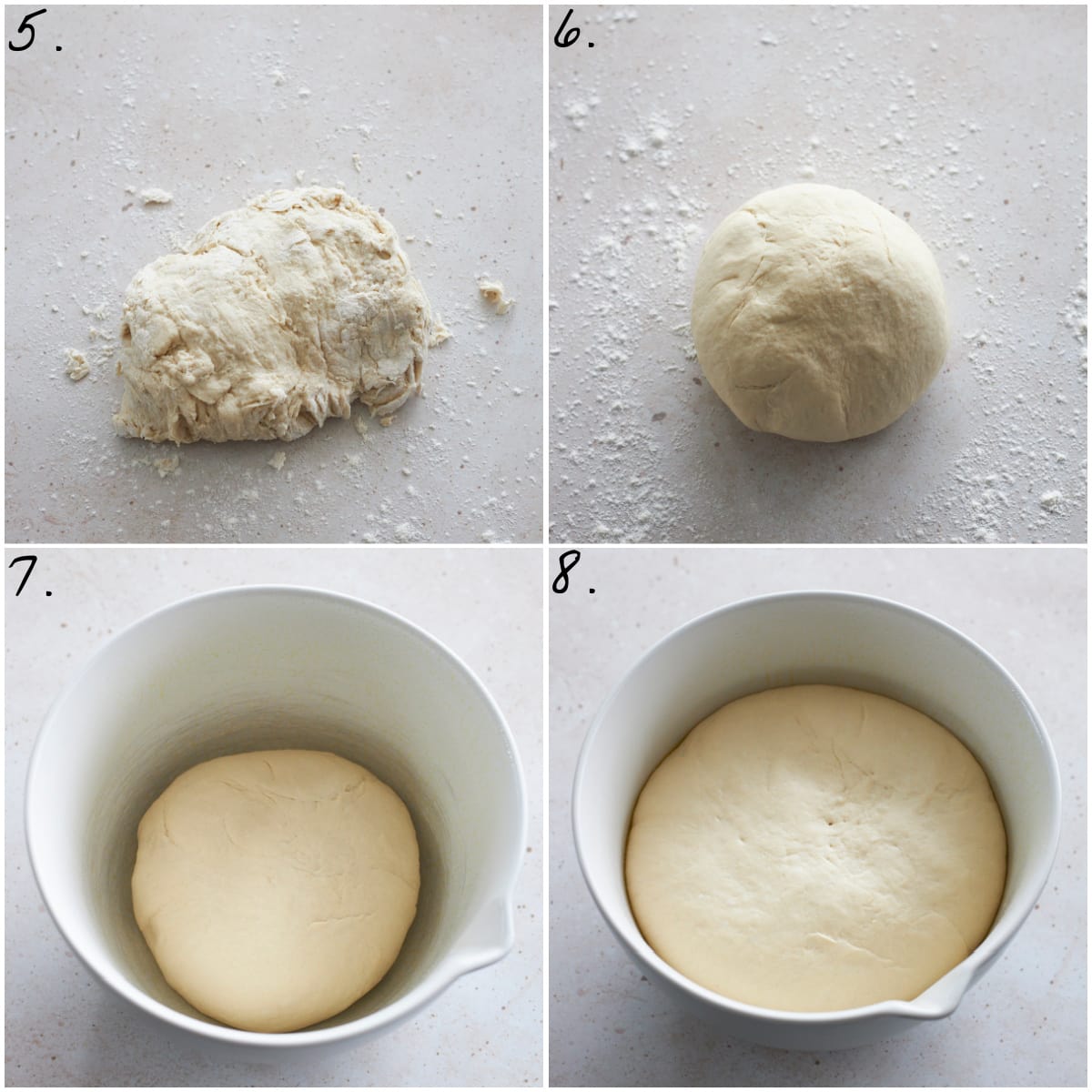 four process photos showing how to knead the dough into a smooth ball, then proofing the dough in a large bowl. 