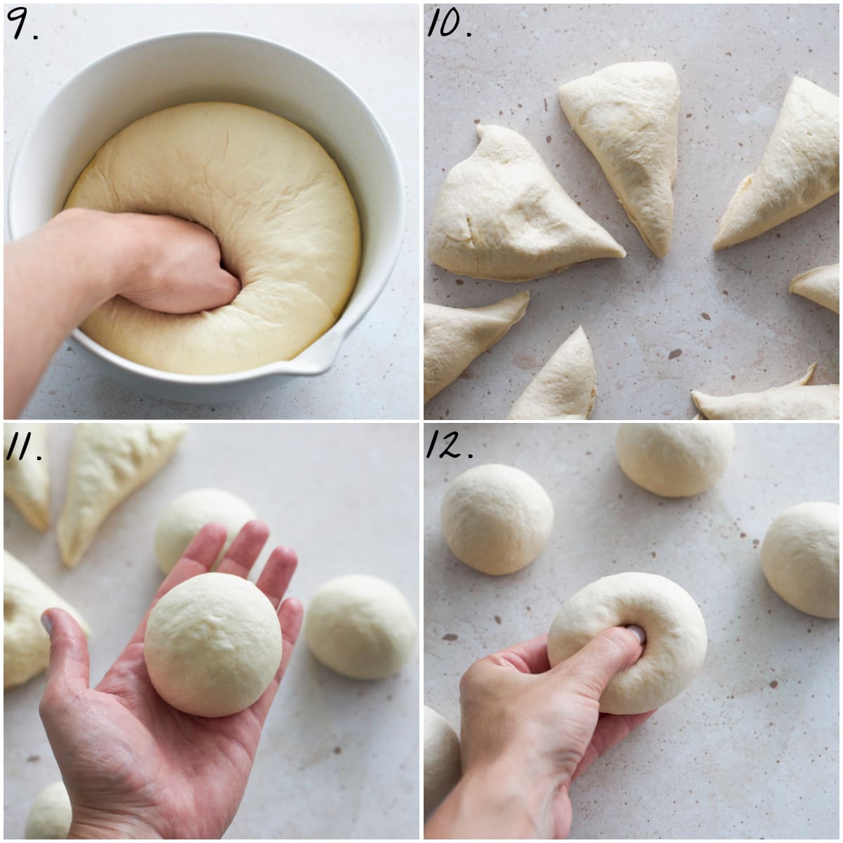 four process photos showing how to punch down the dough, divide it into 8 pieces, roll into balls, then make the holes in the middle for a bagel shape. 