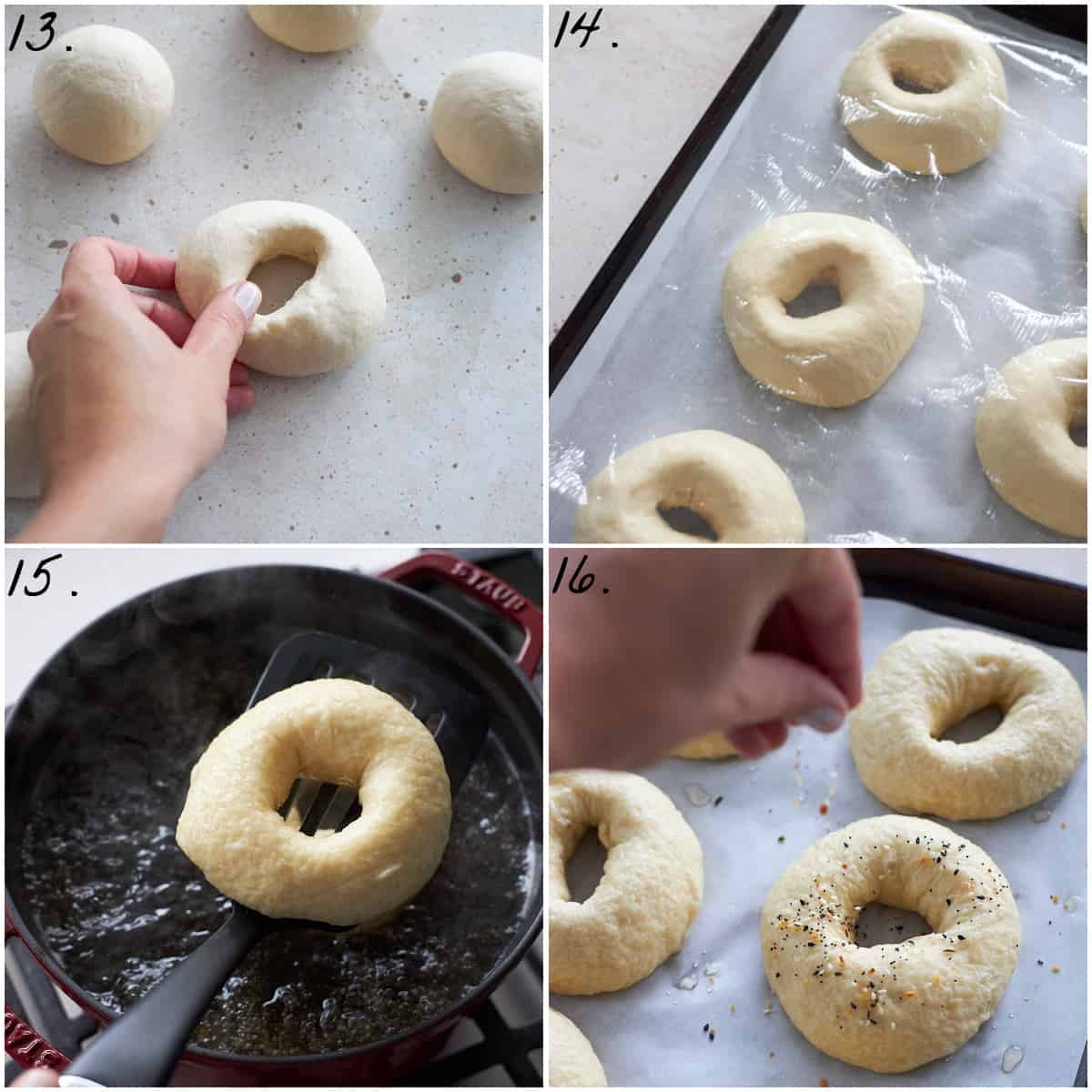 four process photos showing how to shape the bagels, rest them on a tray, boil them and add the toppings. 