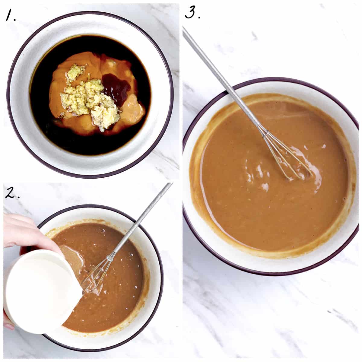 Three process photos displaying how to whisk the ingredients in a small bowl. 