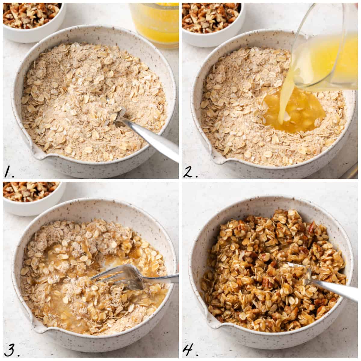 four process photos showing how to make the crisp topping in a bowl. 