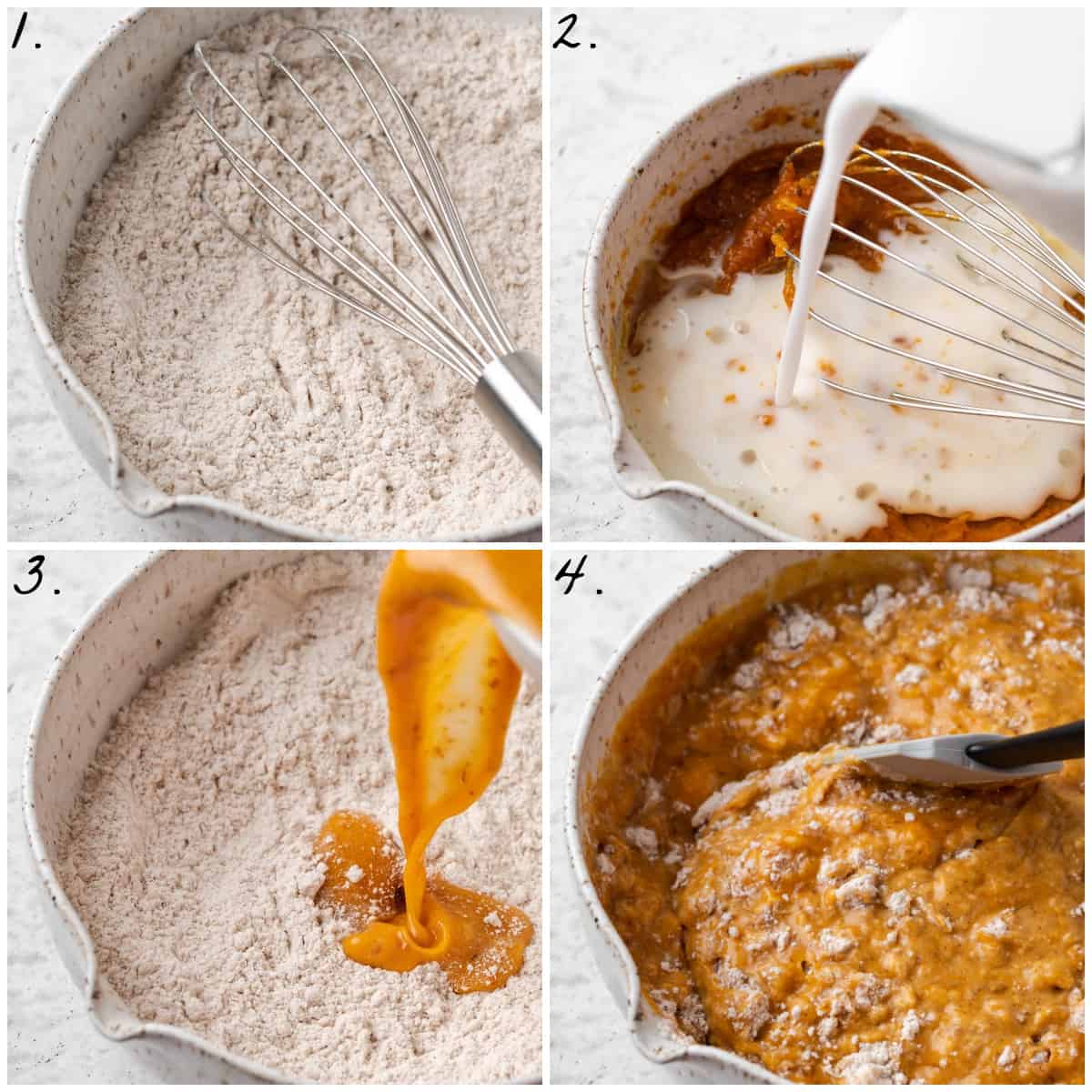 A collage of 4 process photos showing how to make the batter in a bowl. 