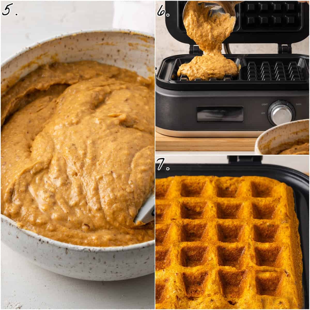 three process photos showing how to cook batter in a waffle maker. 