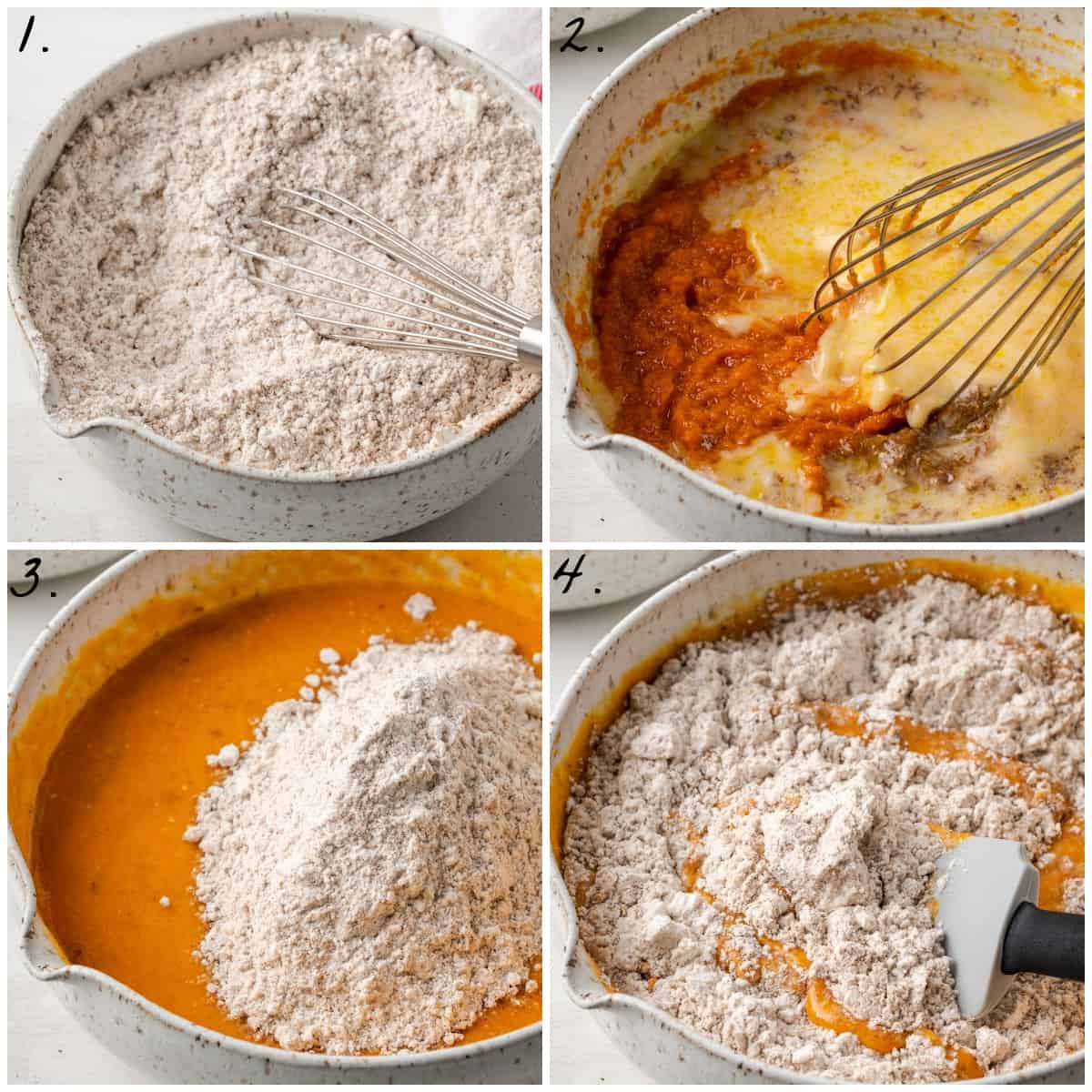 four process photos showing how to make batter in a bowl. 