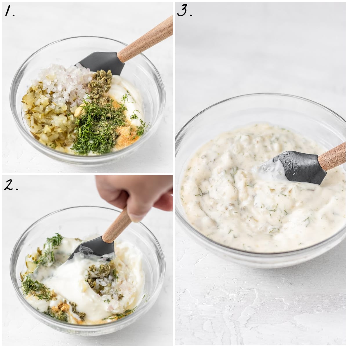 Three process photos showing how to make sauce in a glass mixing bowl.