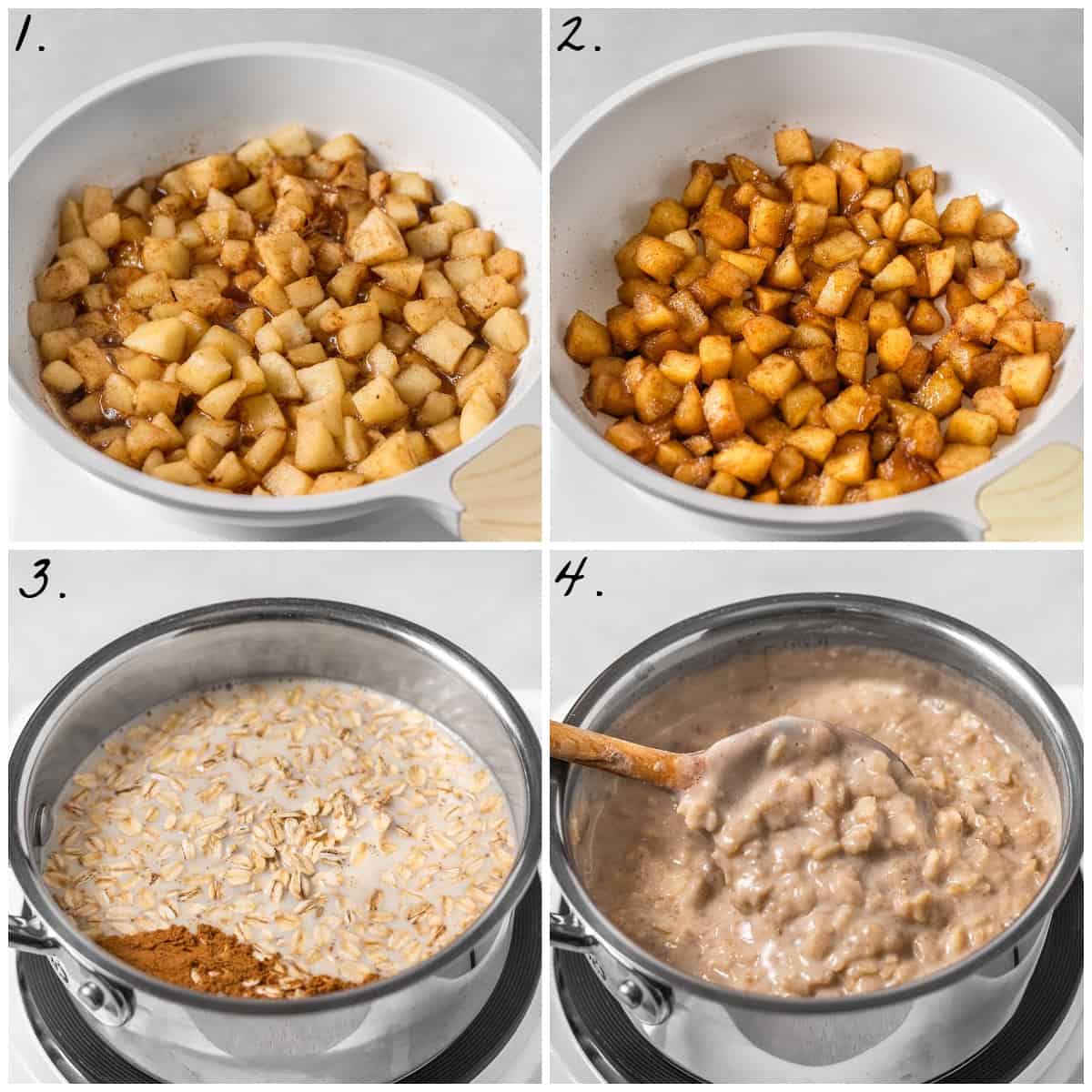 Four process photos showing how to stew diced apples and cooking oatmeal. 