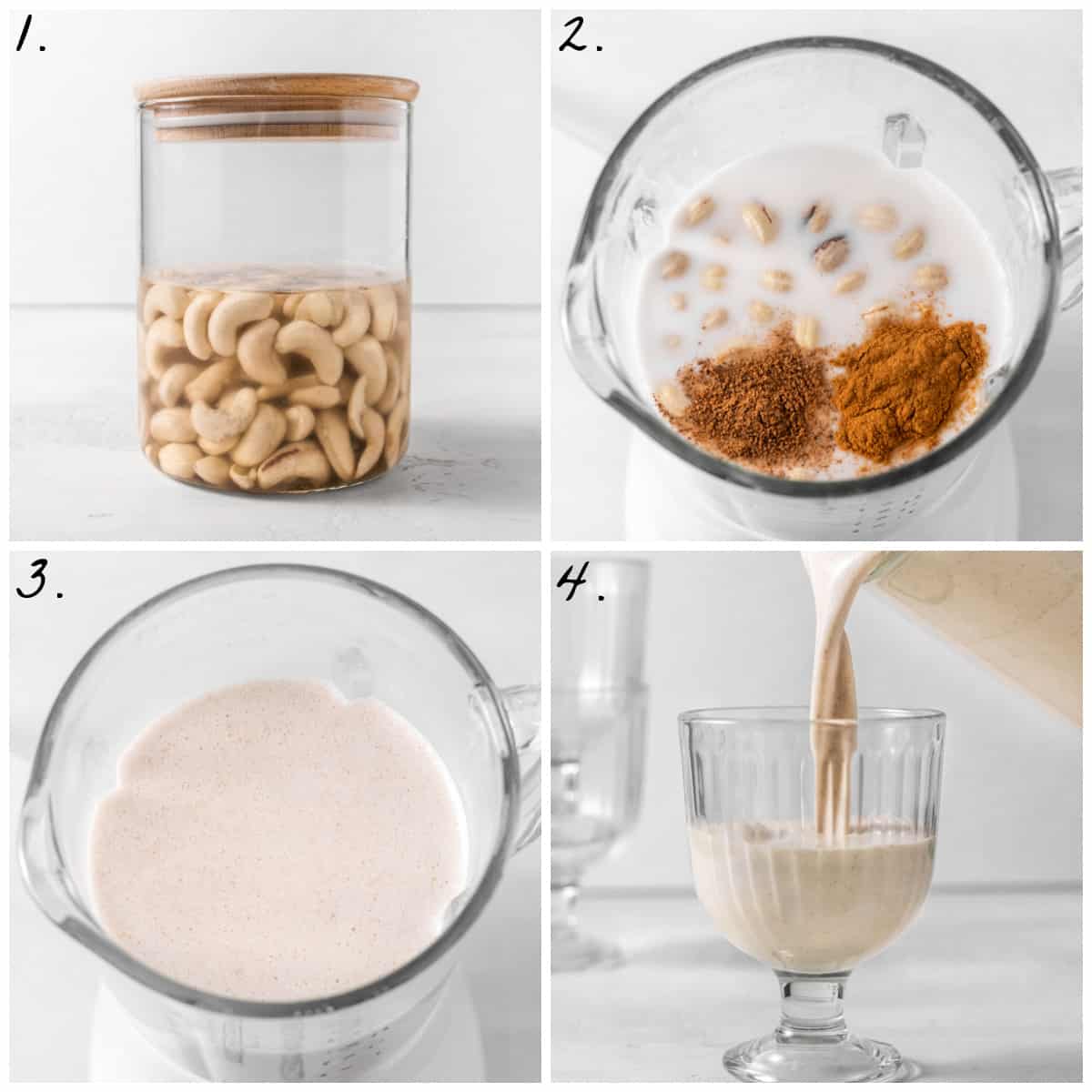 a four photo collage showing how to soak cashews, add spices, blend and pour. 