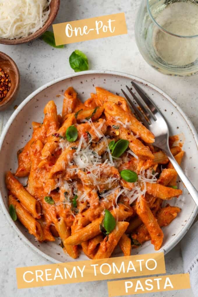 plate of penne with a fork on the side.