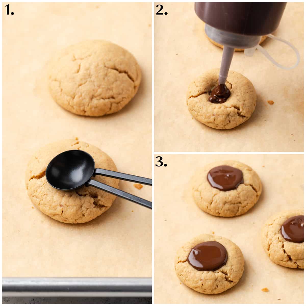 three process photos displaying how to make an indent in the cookies and fill with chocolate. 