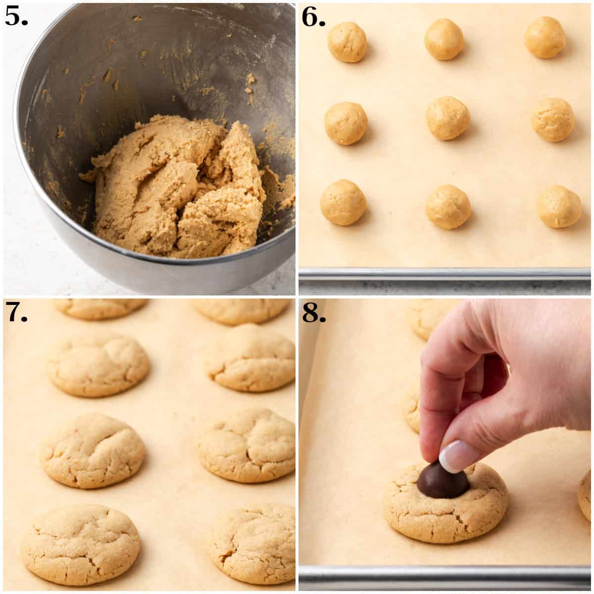 four process photos showing how to roll the dough and add chocolate kisses. 