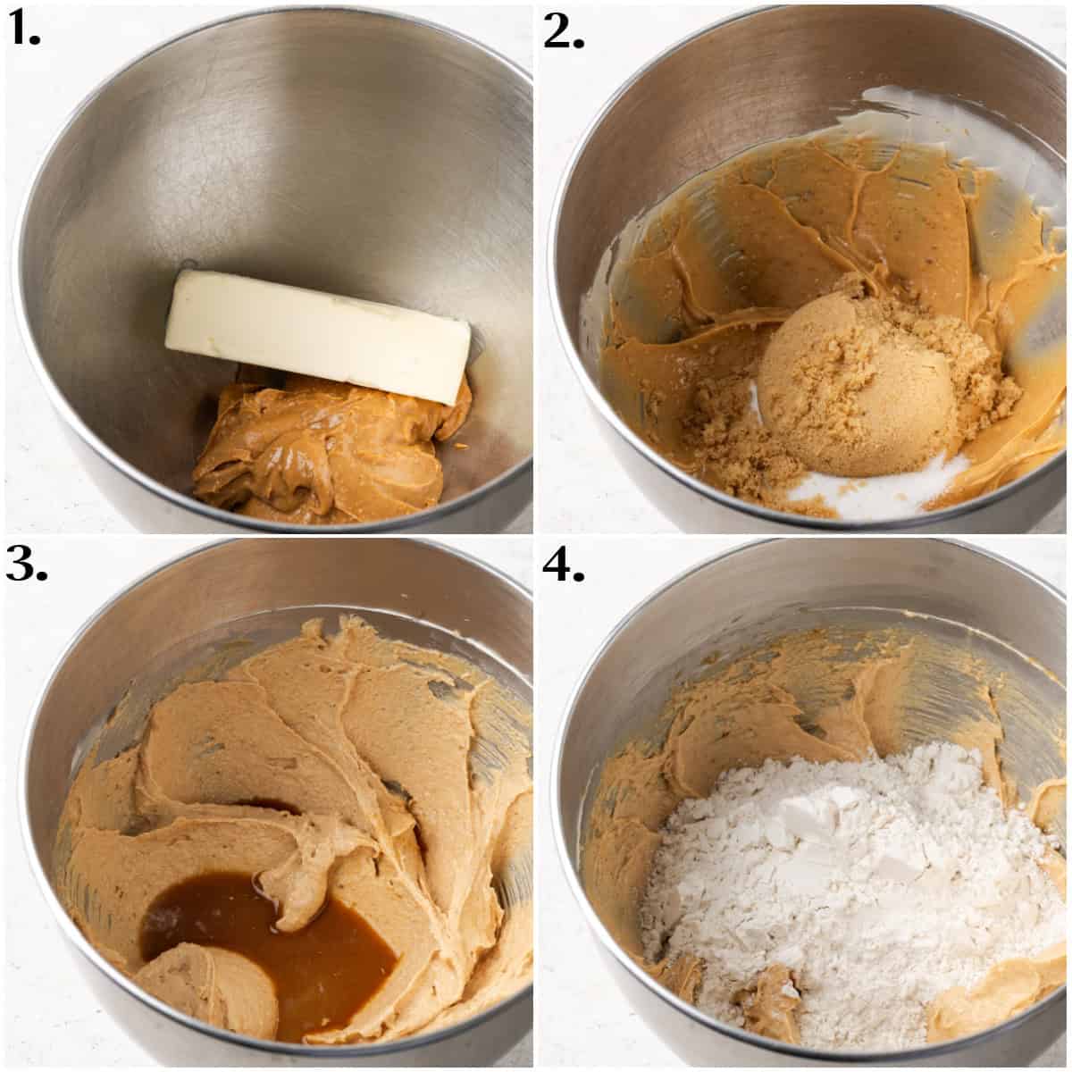 four process photos displaying how to mix cookie dough in a stand mixer.