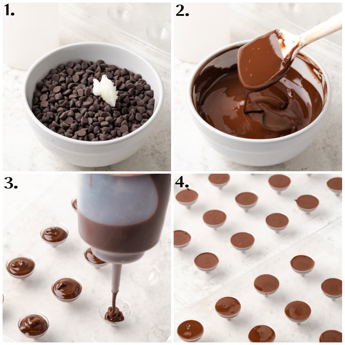 four process photos displaying how to melt chocolate and pour into molds. 