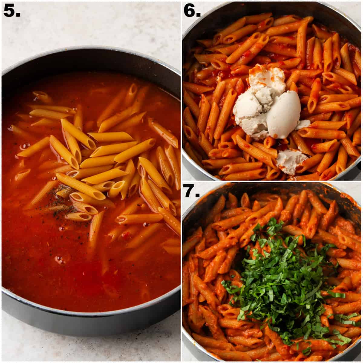 a collage of three photos showing how to add the pasta, broth and tomatoes to the pot. 