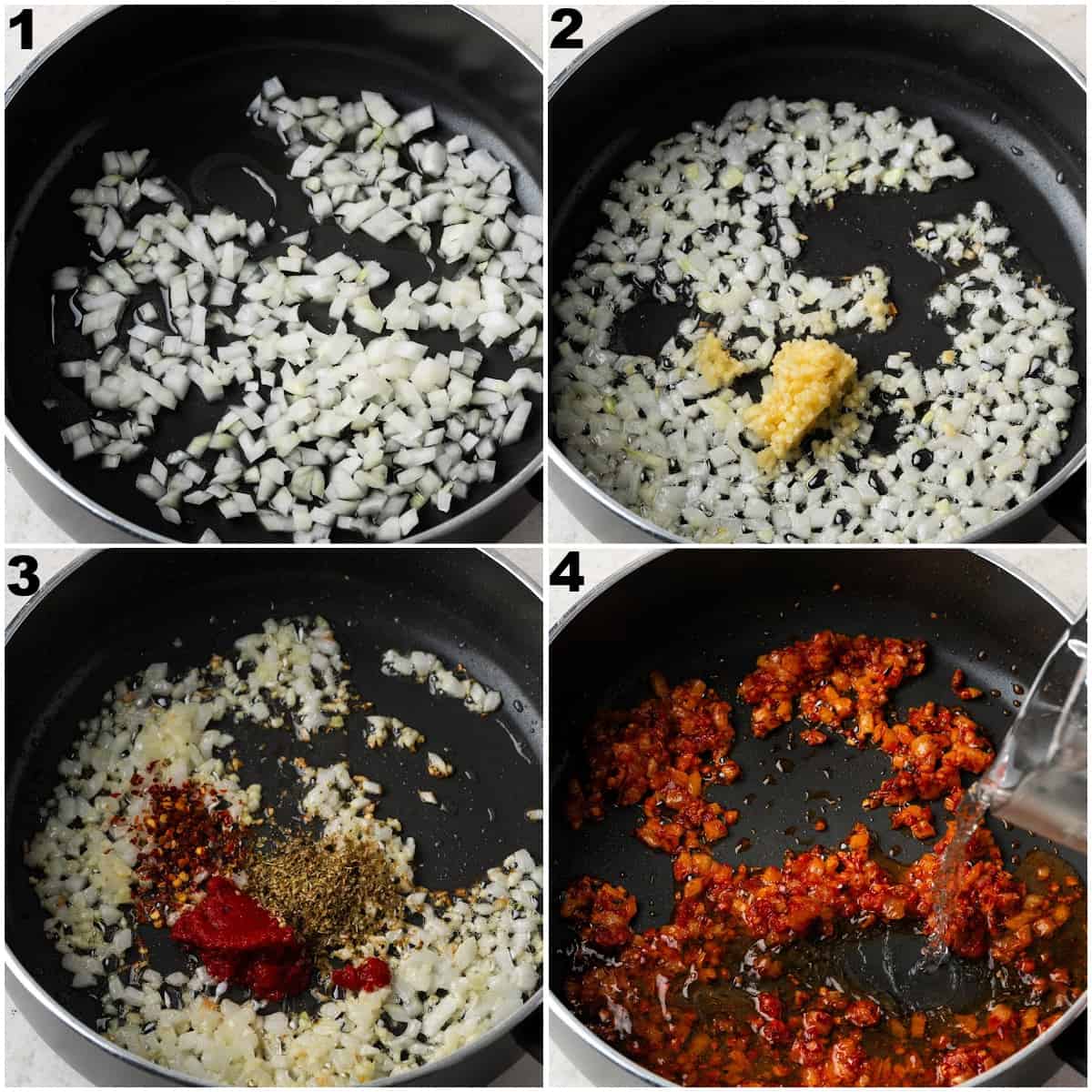 a collage of four photos displaying how to sauté onions, garlic, tomato paste and seasoning in a pan.