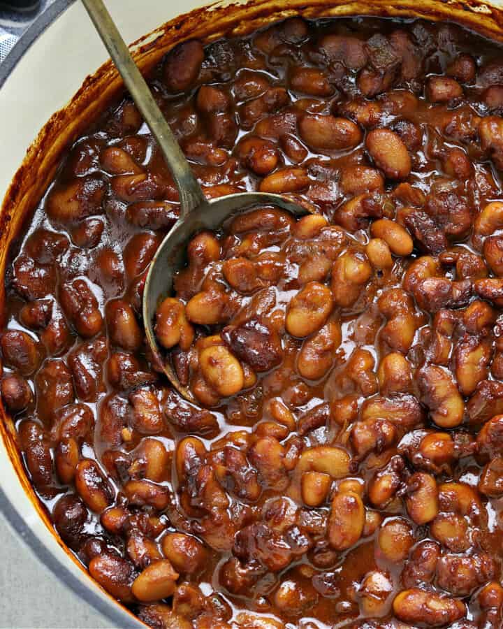 fully baked beans in a dutch oven.
