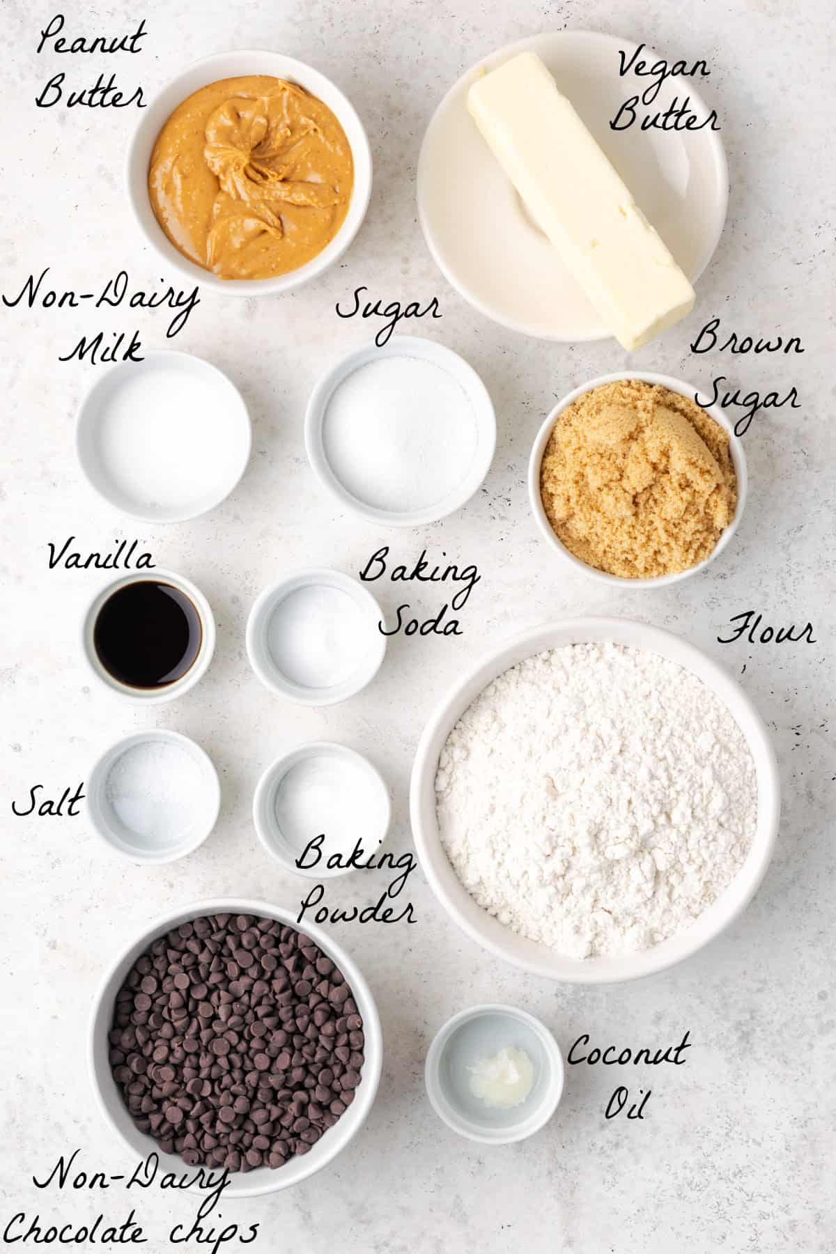 ingredients to make cookies spread out on a table top.