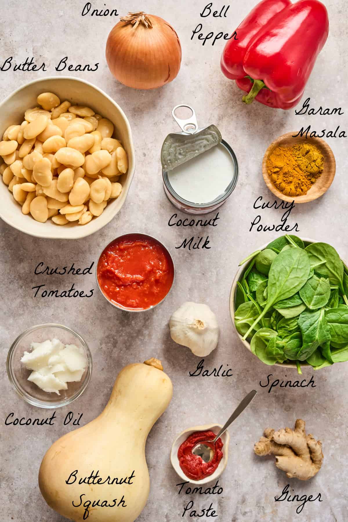Ingredients to make the curry displayed on a stone table top.