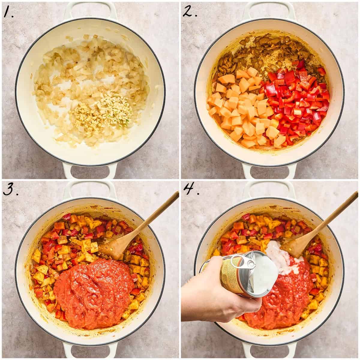 four process photos showing how to sauté the veggies and add tomatoes and coconut milk.