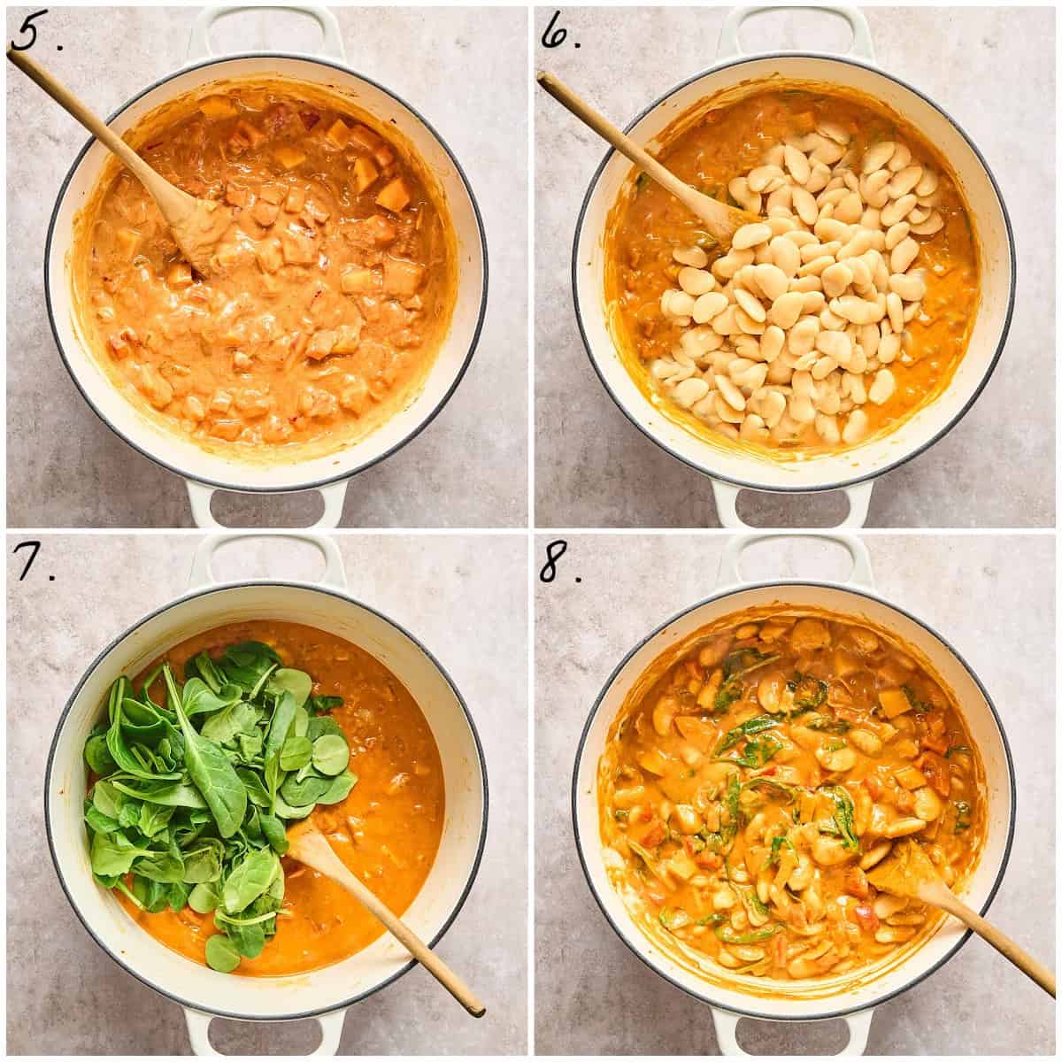 four process photos showing how to simmer the sauce, add the beans and spinach.
