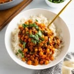gochujang chickpeas in a white bowl.