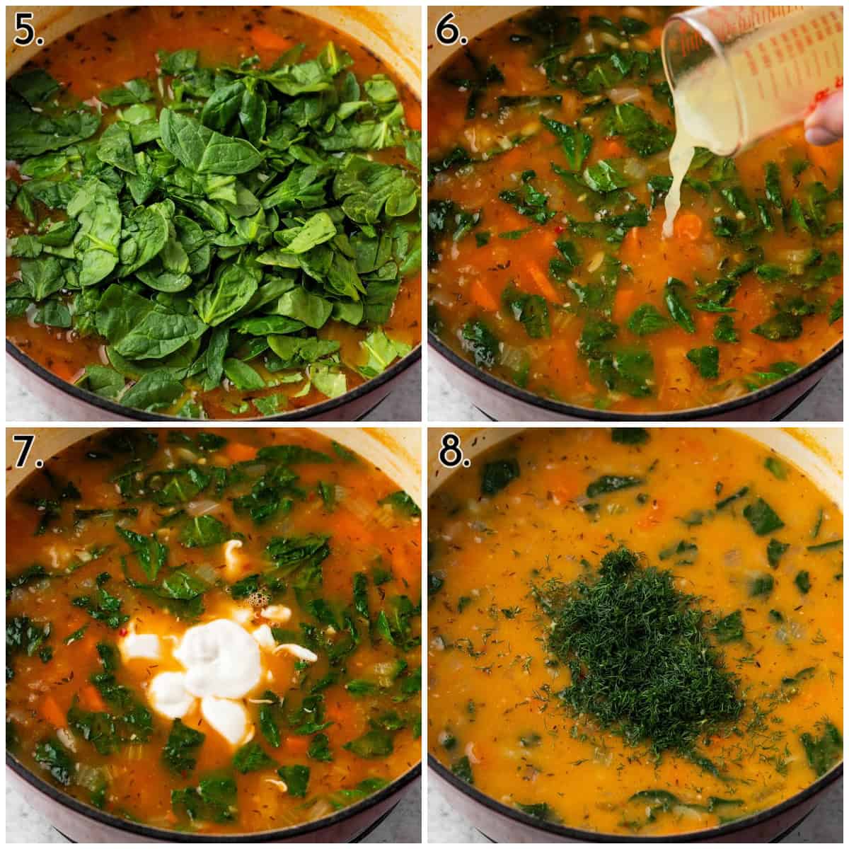 Four photos in a collage displaying how to add the spinach, lemon, sour cream and dill.