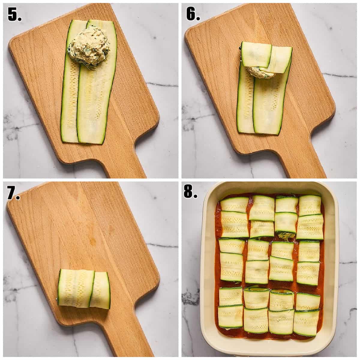 Four photo process collage showing how to roll zucchini slices and place in baking dish. 