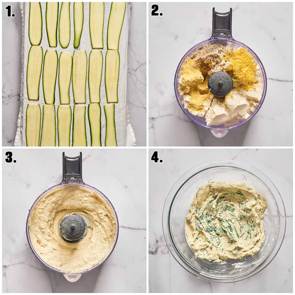 Four photo process collage showing how to sweat zucchini and make tofu ricotta. 