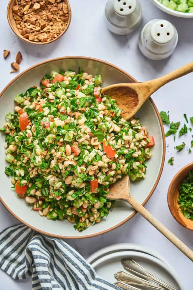 overhead view of tabbouleh in a bowl.