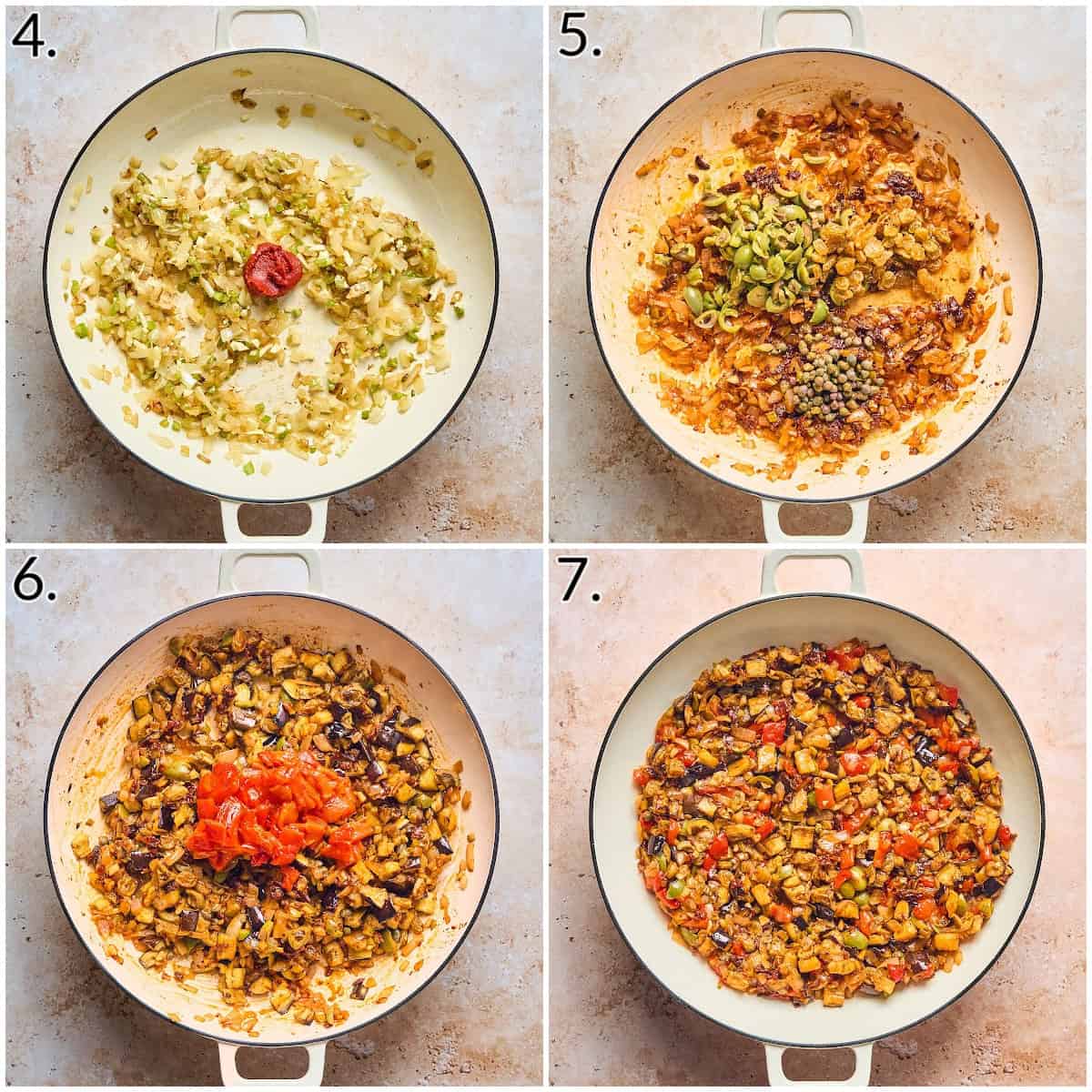 Four photo collage displaying how sauté veggies in pan. 