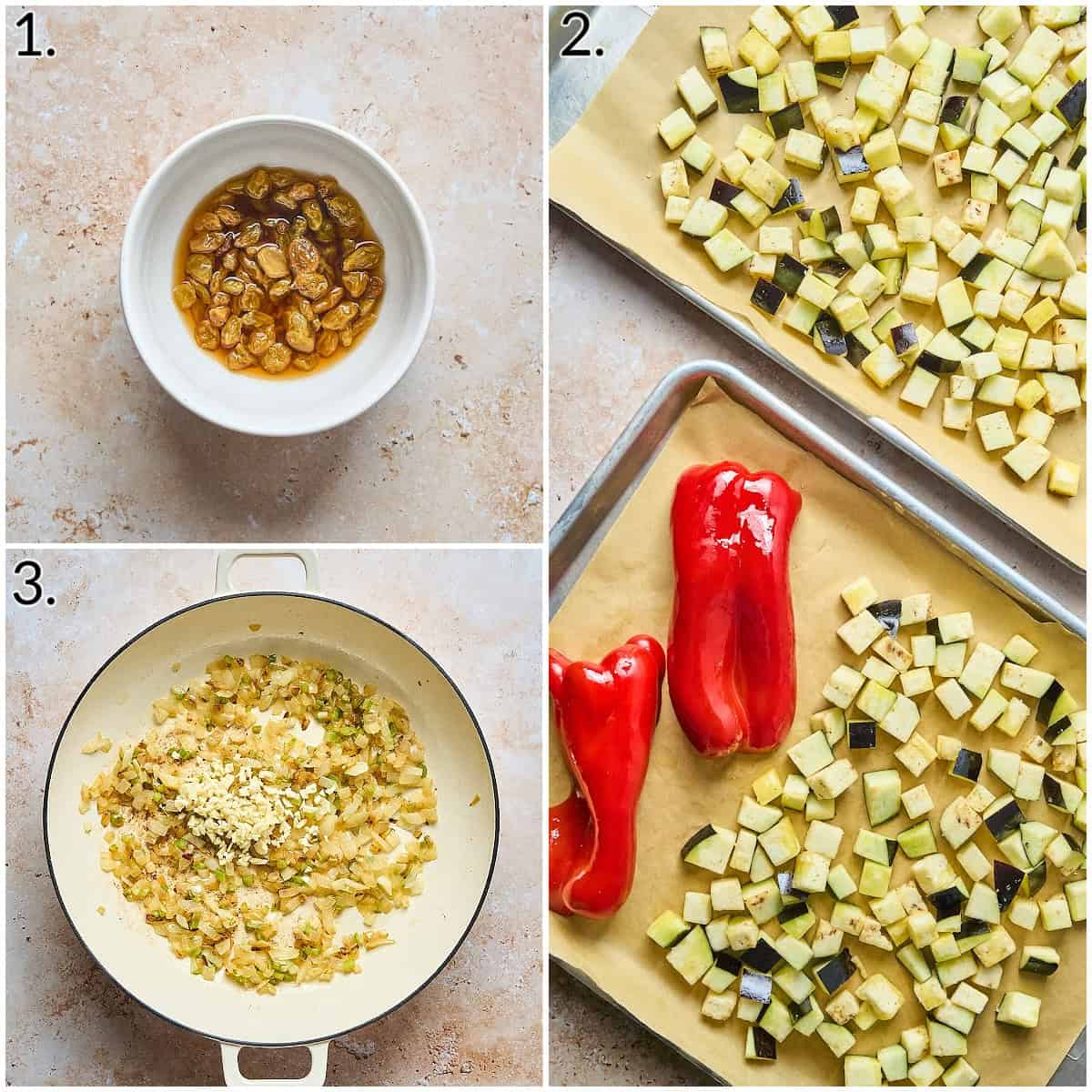 Three photo collage displaying how to soak raisins, prep eggplant, and sauté veggies in pan. 
