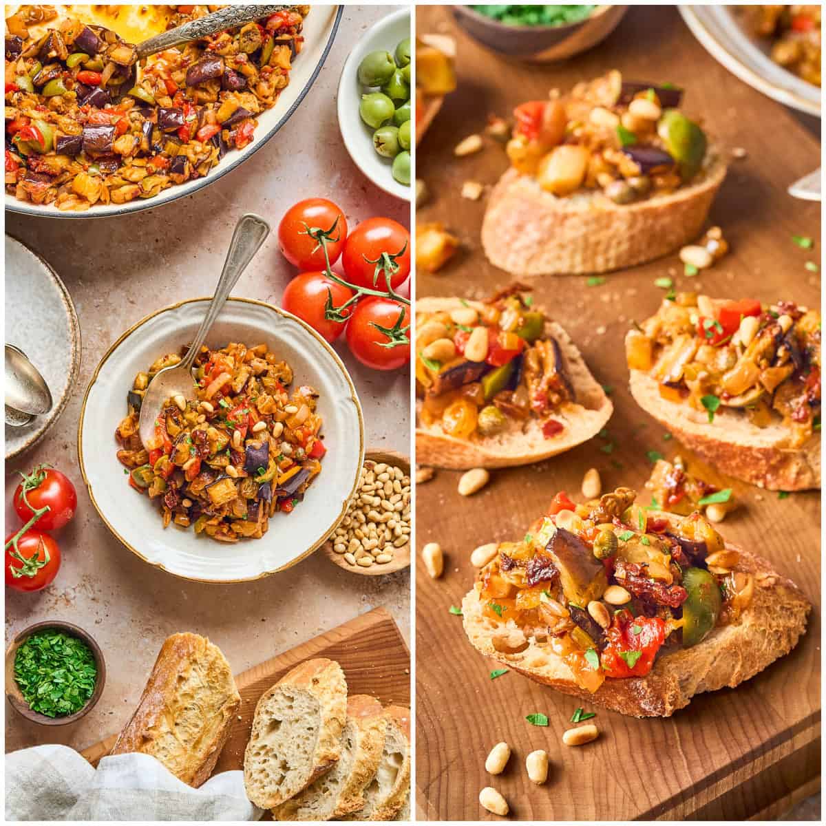 Two photo collage of eggplant Caponata in bowl and served on bread. 