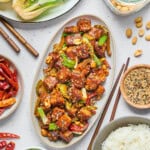 overhead view of kung pao tofu on a serving plate.