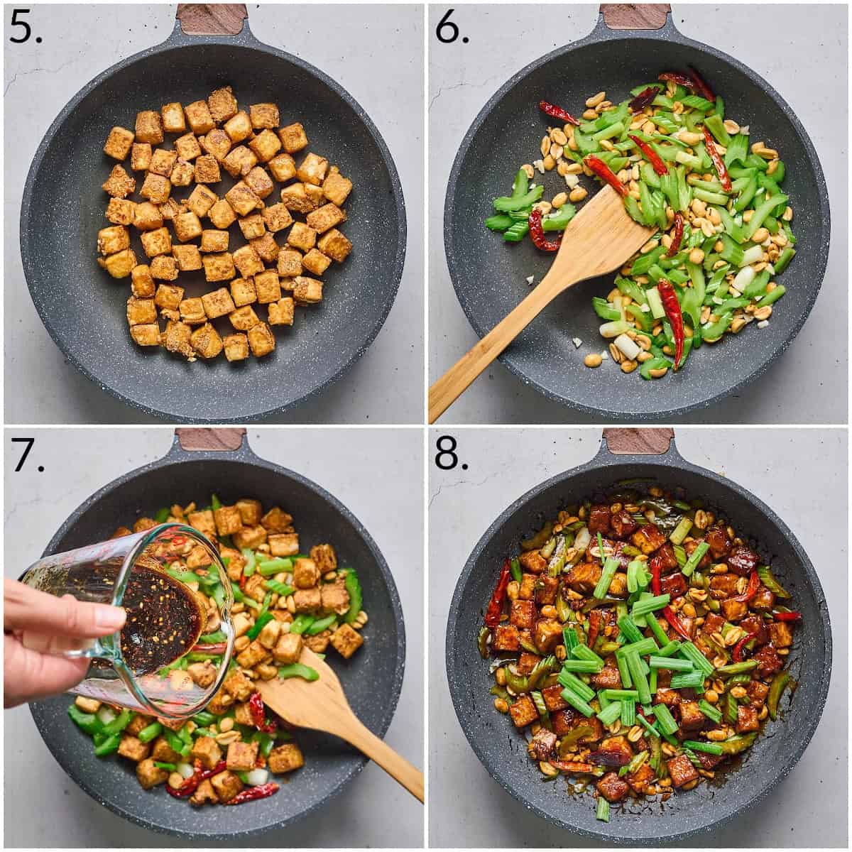 A four photo collage displaying how to cook the tofu and veggies in the pan.