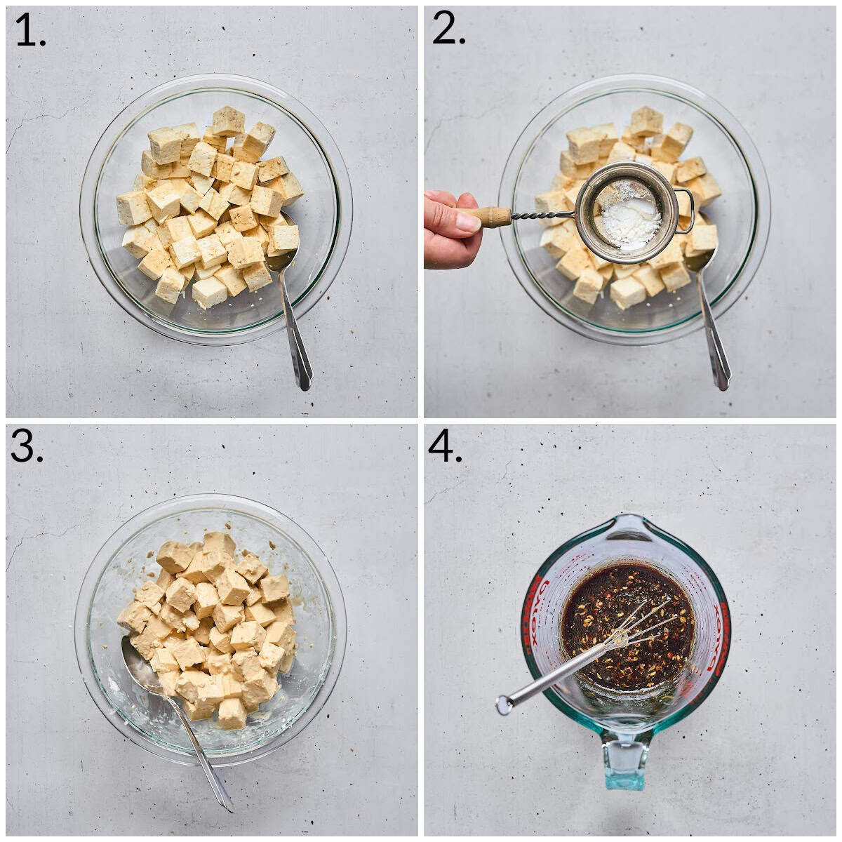 A four photo collage displaying how to coat the tofu and make the sauce.