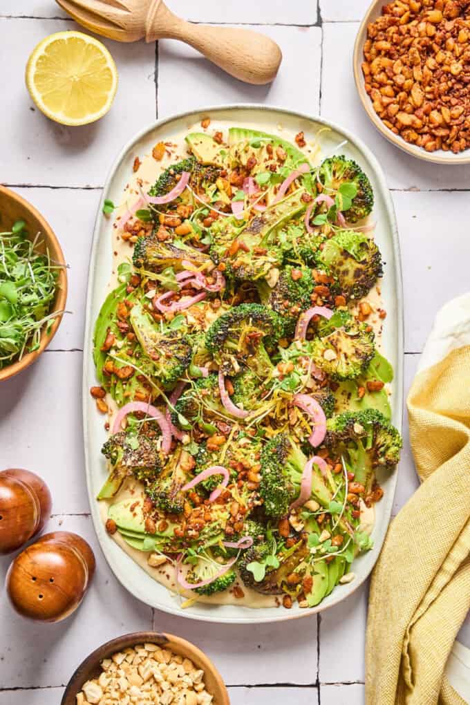 overhead view of fully assembled salad on a serving dish.