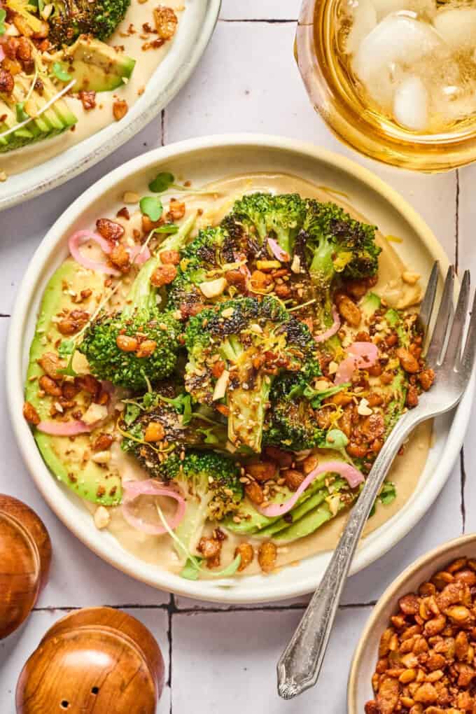 overhead view of fully assembled salad on a plate.