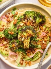 overhead view of vegan broccoli salad on a plate with fork on the side.