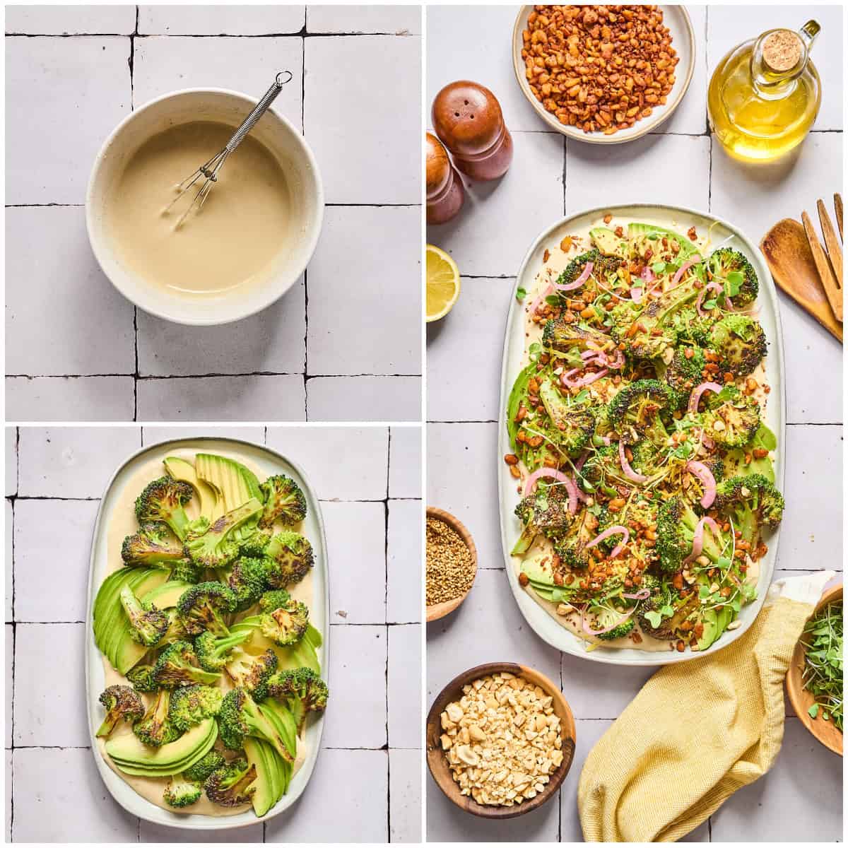 A three photo collage displaying how to make tahini sauce and arrange salad on a platter. 