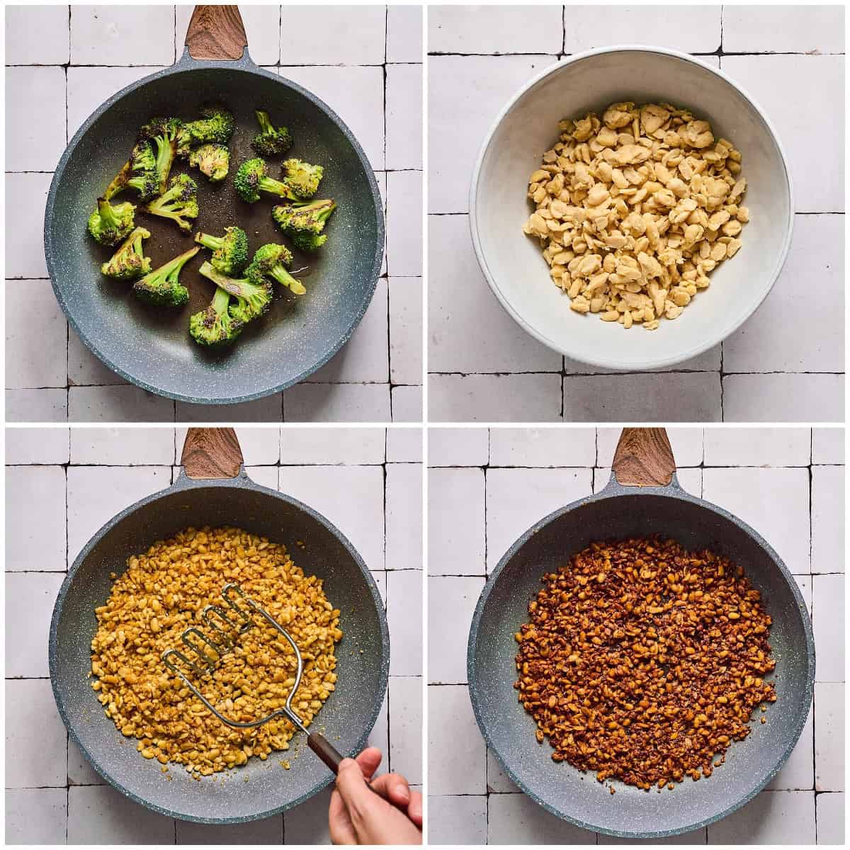 A four photo collage showing how to sear broccoli and crisp tempeh in a pan. 