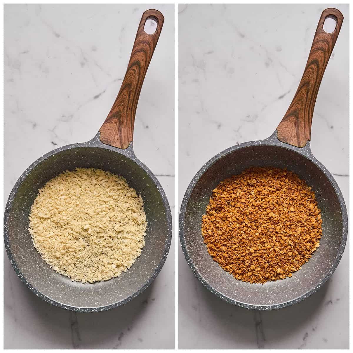 Two photo process collage showing how to toast panko breadcrumbs in a pan. 