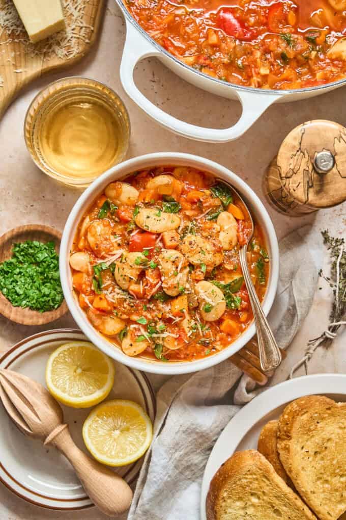 overhead view of stew for pinterest pin.