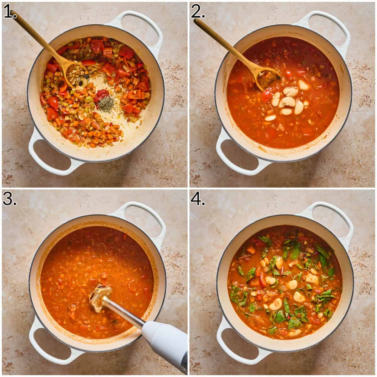 four photo collage displaying how to make stew in a large pot.