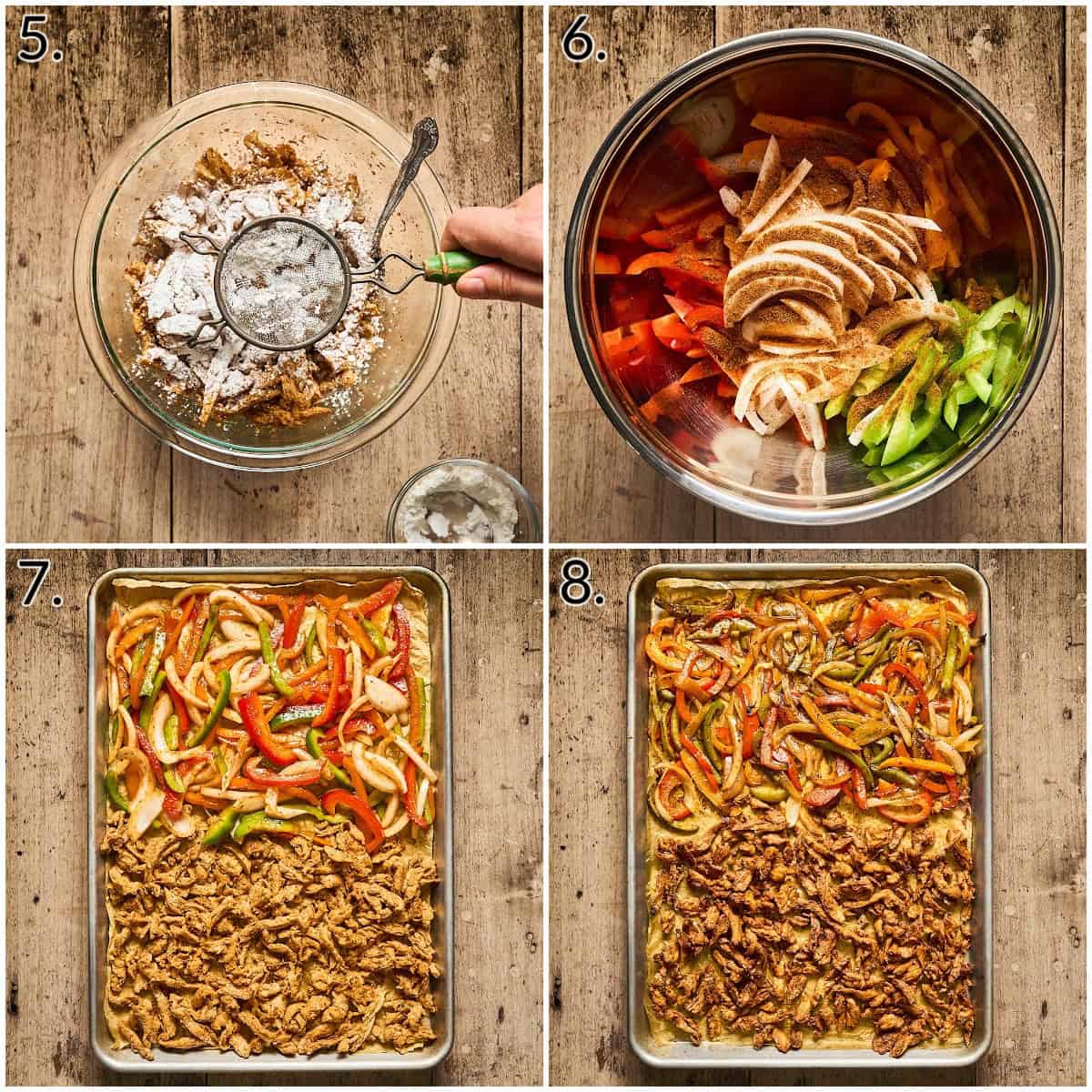 Collage of four photos showing how to prepare veggies and soy curls on baking pan.