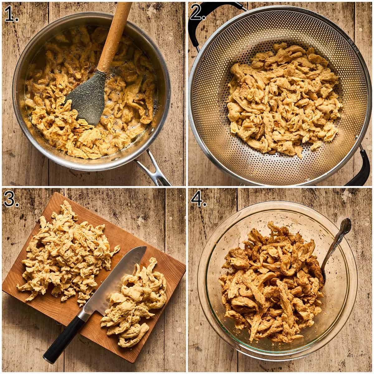 Collage of four photos showing how to prepare soy curls.