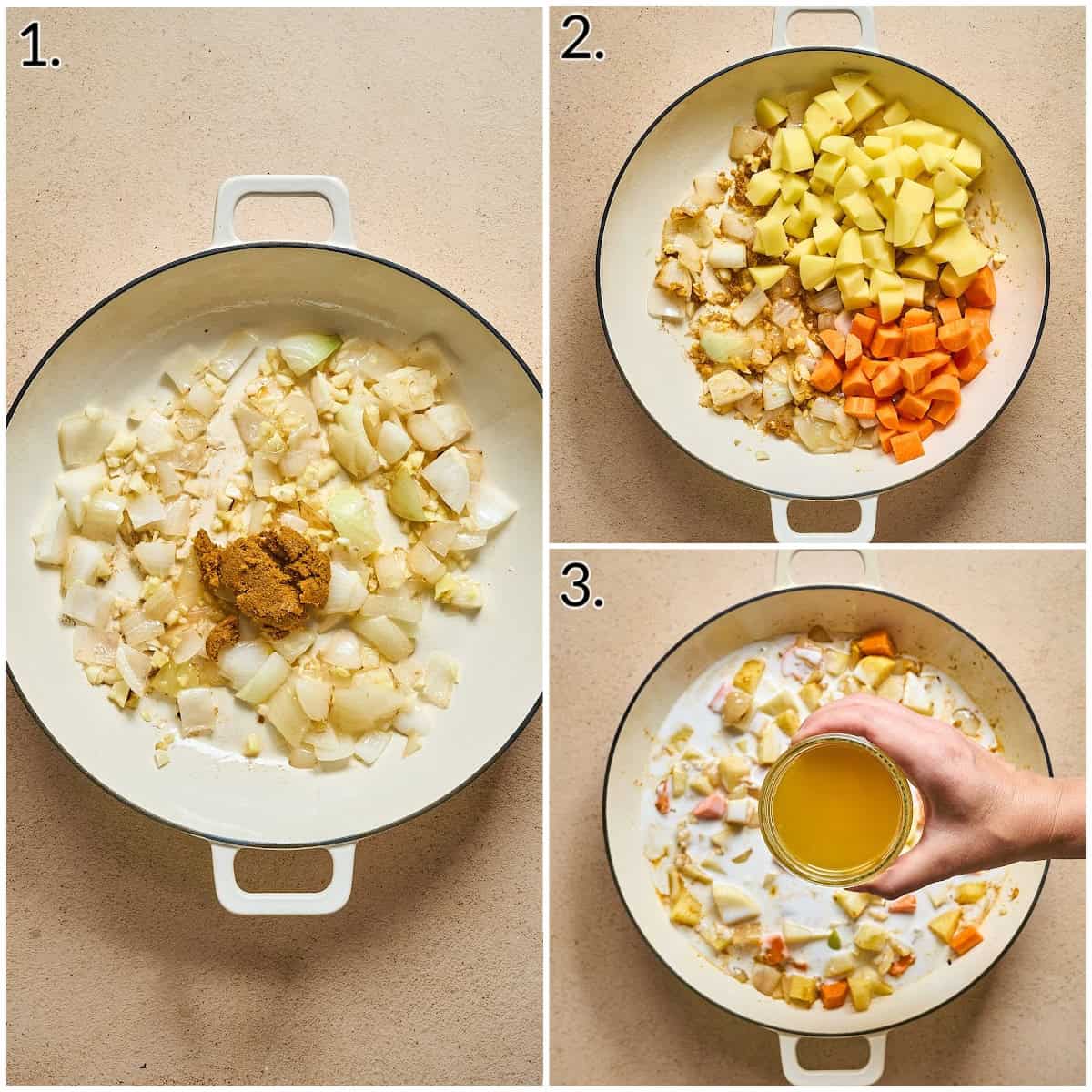A three photo collage displaying how to sauté vegetables and add liquid to the pan. 