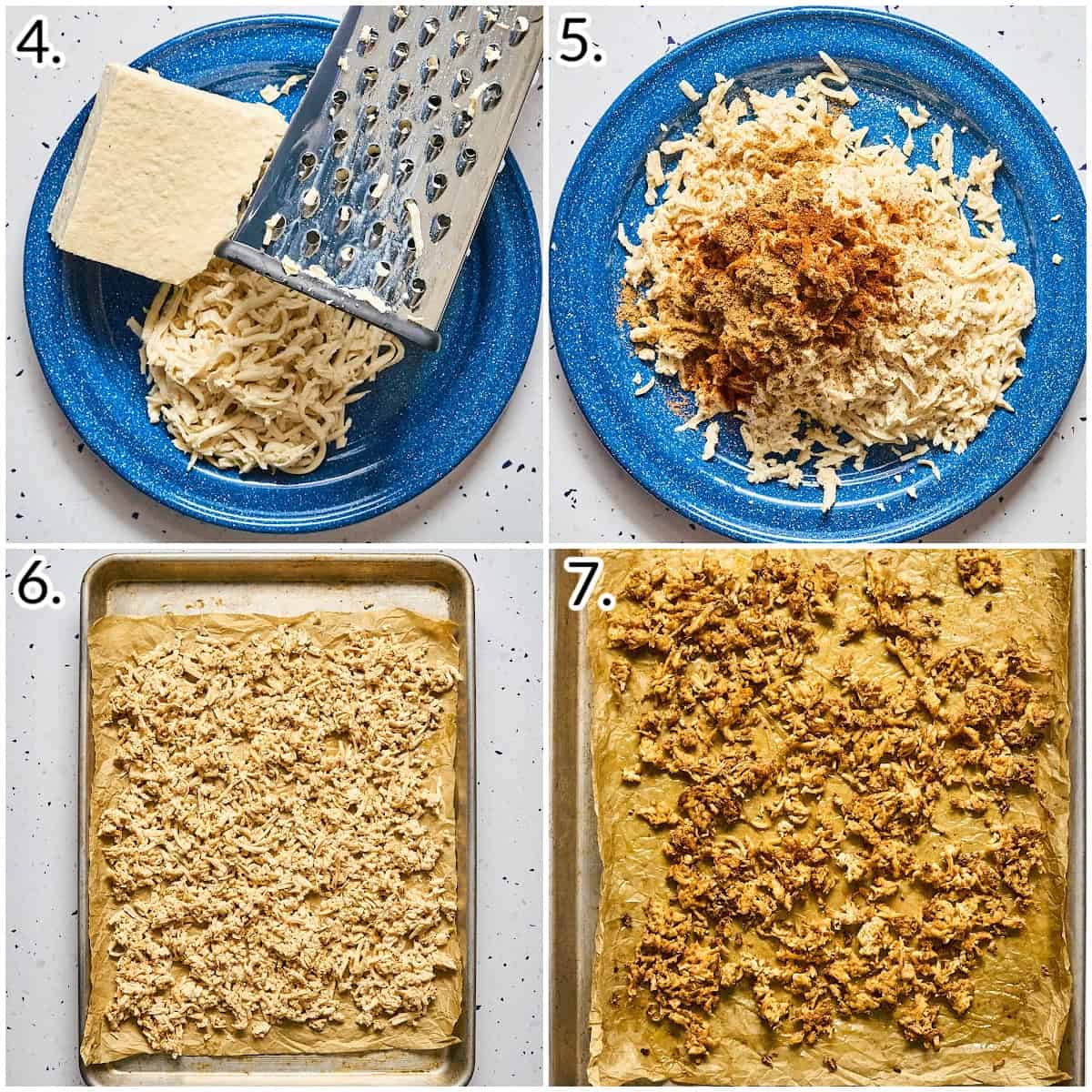 a four photo collage displaying how to shred, season and roast tofu.