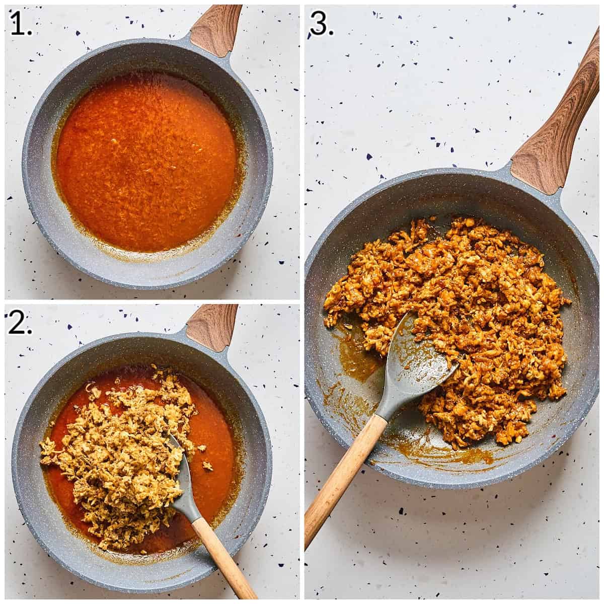 a three photo collage displaying how to make the sauce and coat the roasted tofu.