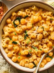 overhead view of pasta e ceci in a bowl.